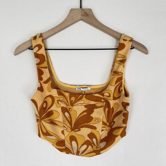 Zara Top Womens Medium Yellow Floral Cropped Retro 70s Funky Boho Fairy Festival - Picture 4 of 12
